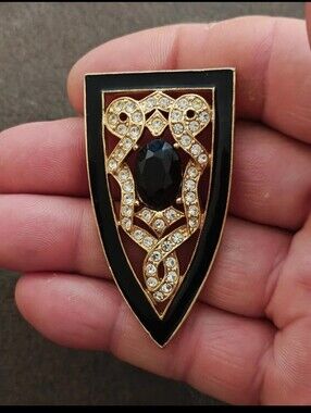 80s Gold Tone Art Deco Enamel Rhinestones & Black Stone 1928 Jewerly Co. Brooch